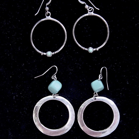 Jewelry - 2 Pairs Silver & Turquoise Dangle Hoop Earrings